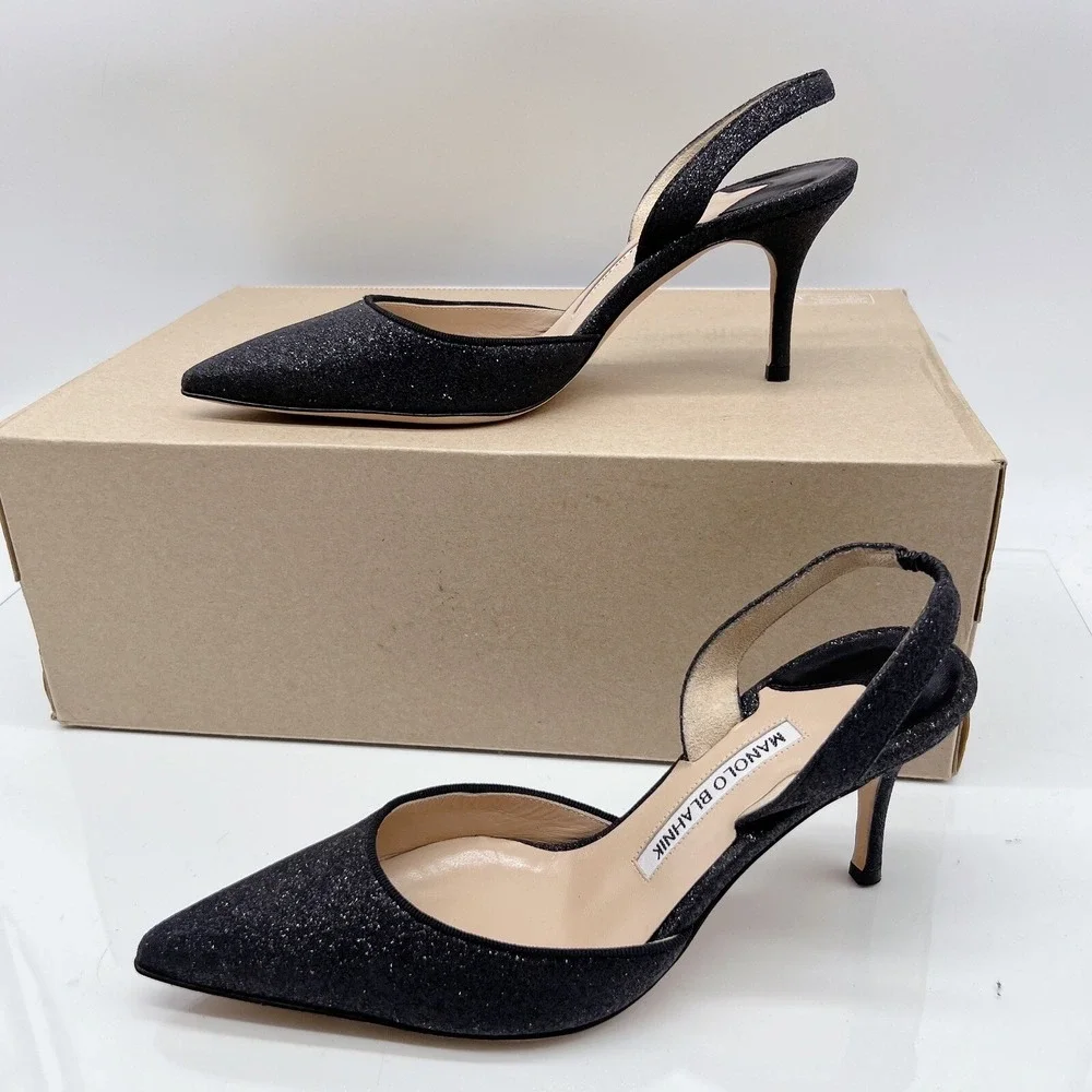 Manolo Blahnik Carolyne Low Heel Women's Slingback Pumps Black Glitter EU 36.5